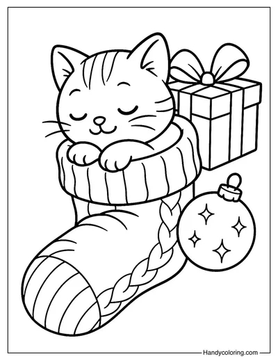 Kitten Christmas Stocking Coloring Page