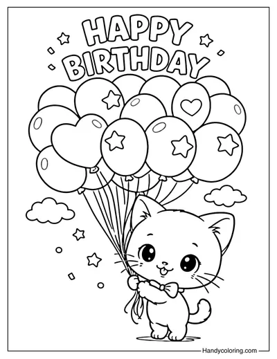 Kitten Holding Birthday Balloons Coloring Page