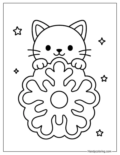 Kitten Peeking Behind a Snowflake Coloring Page