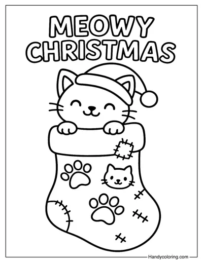 Kitty Christmas Sock Coloring Page