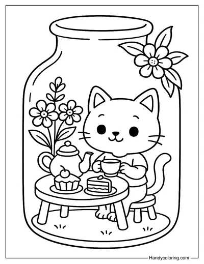 Kitty Teaparty in Whimsy Jar Coloring Page