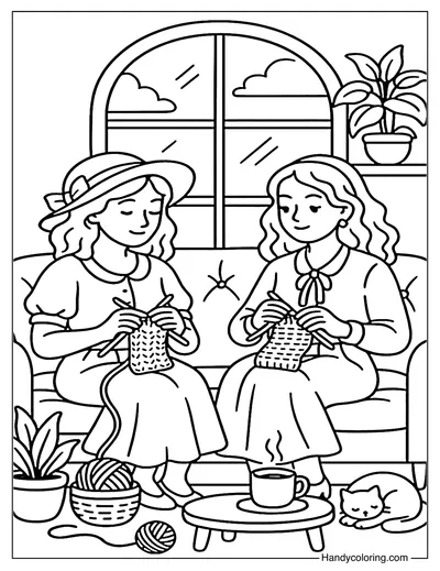 Knitting and Chatting Coloring Page
