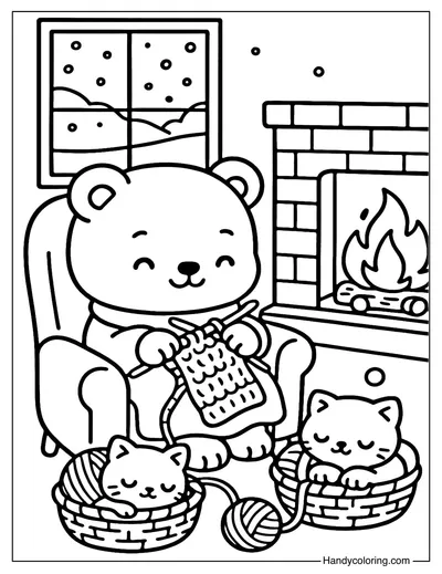 Knitting Bear by the Fireplace Coloring Page
