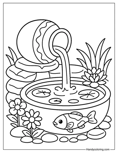 Koi Pond Cascade Coloring Page