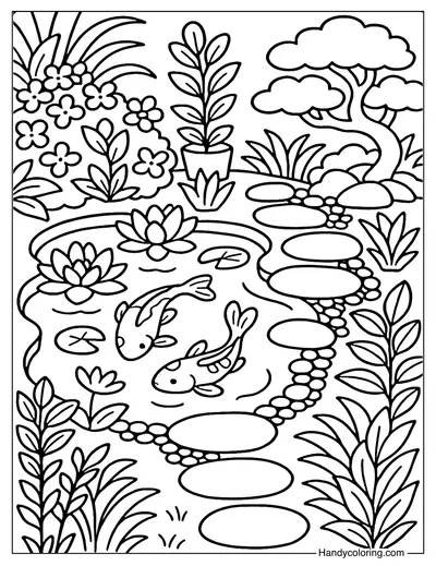 Koi Pond Nook Coloring Page