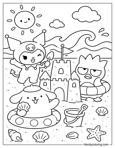 Kuromi with Badtz-Maru and Pompompurin On a Summer Beach