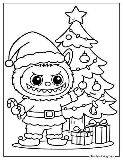 Labubu Decorating Christmas Tree Coloring Page
