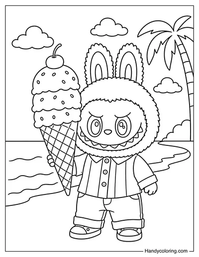 Labubu Holding Ice Cream On The Beach