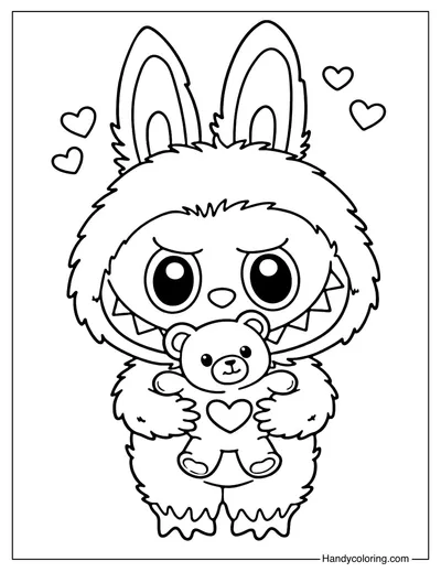 Labubu Hugging Teddy Bear Coloring Page