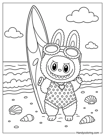 Labubu On Beach Holding A Surfboard