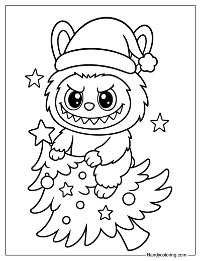 Labubu Santa on Christmas Tree Coloring Page