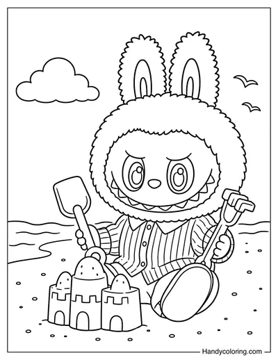 Labubu Sitting On The Sand Building Sandcastle