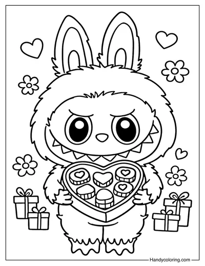 Labubu with Chocolate Valentine Coloring Page