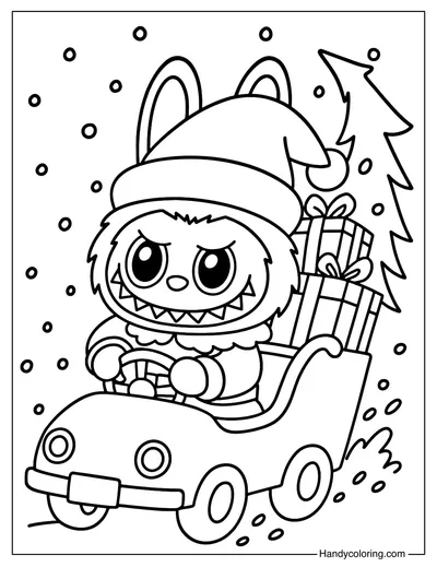Labubu with Christmas Car Coloring Page