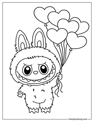 Labubu with Heart Balloons Coloring Page