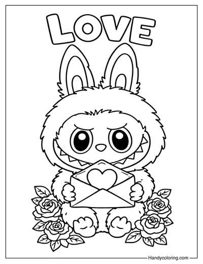 Labubu with Love Letter Coloring Page