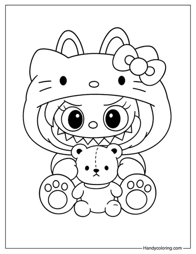Labubu with Teddy Bear Coloring Page