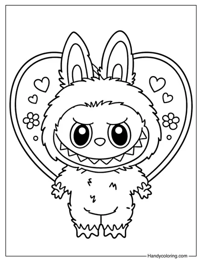 Labubu with Valentine Heart Frame Coloring Page