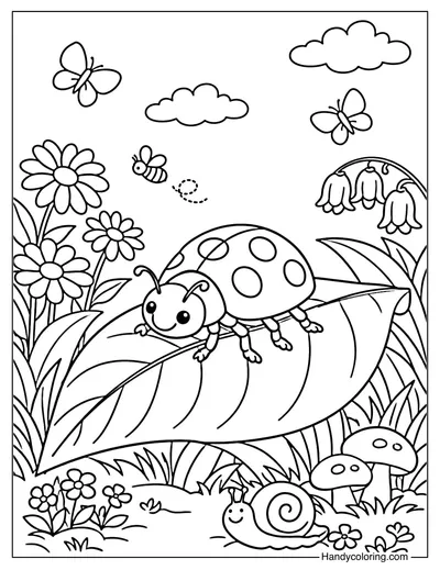 Ladybug on Leaf Spring Coloring Page