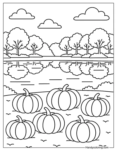 Lakeside Pumpkin Meadow Coloring Page