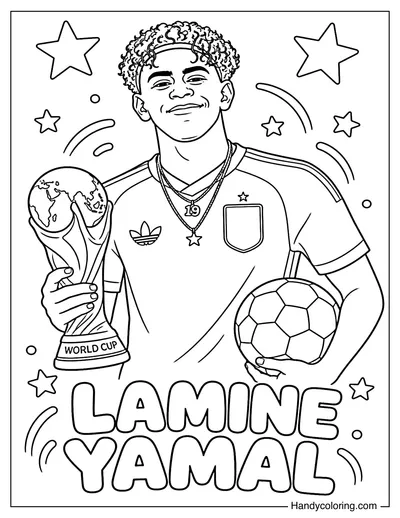 Lamine Yamal Holding Soccer Ball and World Cup Trophy