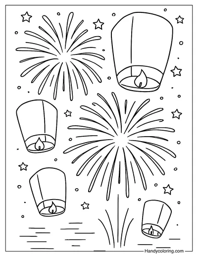 Lanterns and Fireworks Night Coloring Page