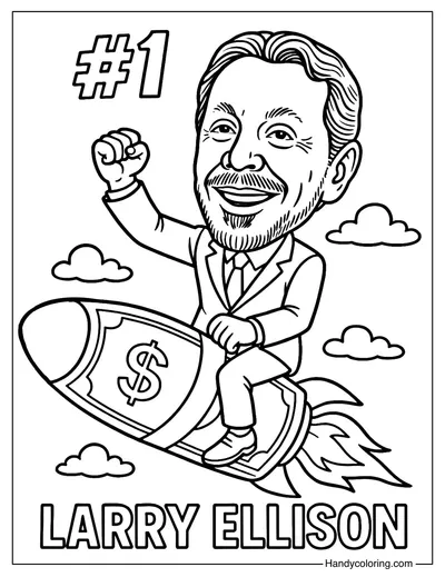 Larry Ellison Riding a Rocket of Cash Coloring Page