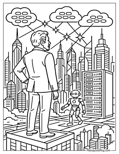 Larry Ellison Watching the City of the Future Coloring Page