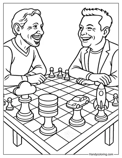 Larry Ellison with Elon Musk Chess Duel Coloring Page