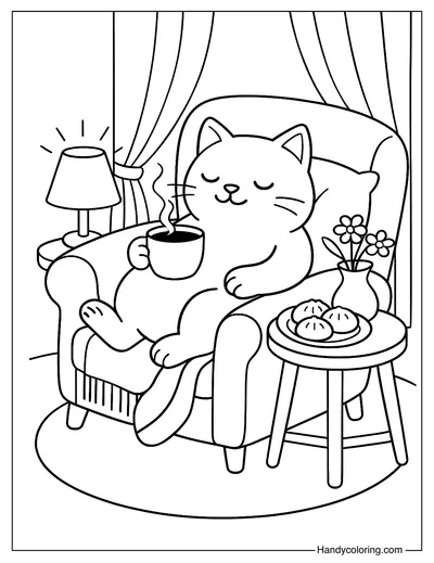 Lazy Cat Drinking Coffee Coloring Page