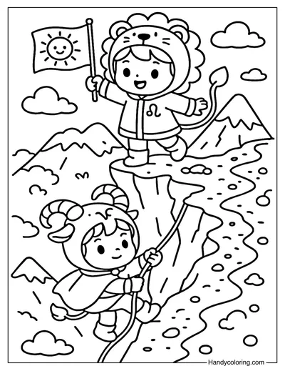 Leo and Capricorn Mountain Expedition Coloring Page