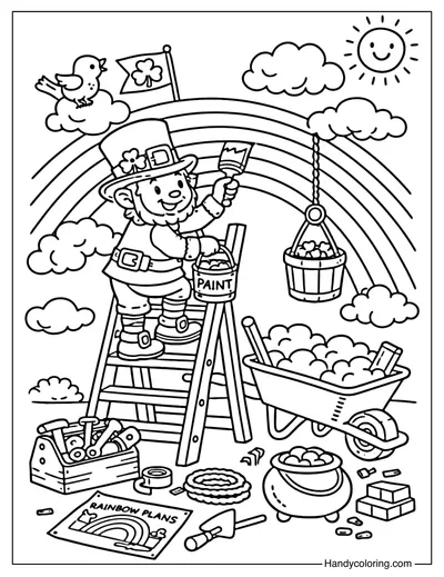 Leprechaun Building a Rainbow Bridge Coloring Page