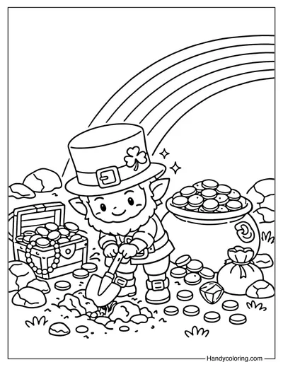 Leprechaun Finding Gold at Rainbow End Coloring Page