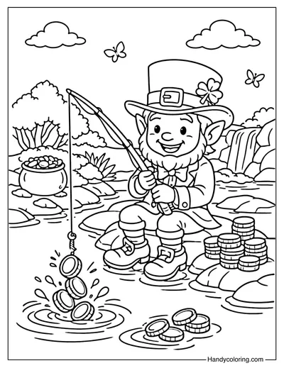 Leprechaun Fishing Gold Coins Coloring Page
