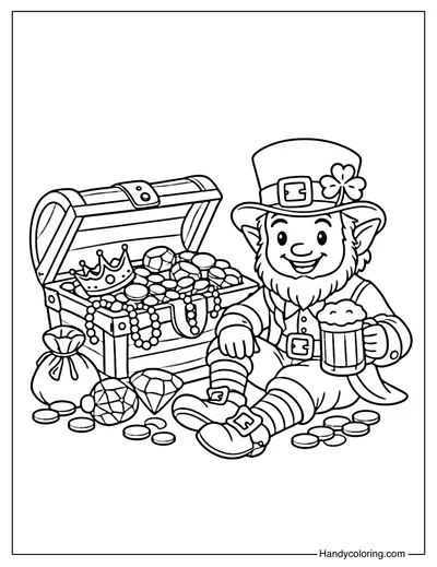 Leprechaun Guarding a Treasure Chest Coloring Page