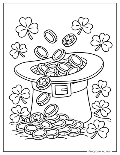 Leprechaun Hat with Coins and Clover Coloring Page