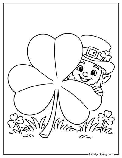 Leprechaun Hiding Behind a Giant Clover Coloring Page