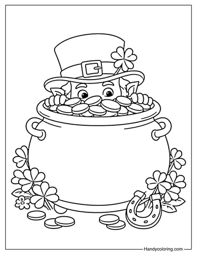 Leprechaun Hiding Behind Gold Pot Coloring Page