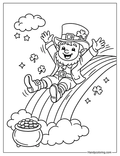 Leprechaun on Rainbow Coloring Page