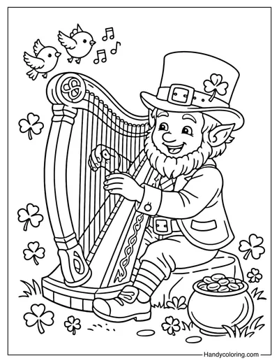 Leprechaun Playing Harp Coloring Page
