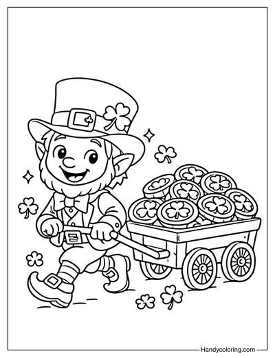 Leprechaun Pulling a Cart of Gold Coloring Page