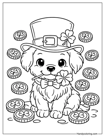 Leprechaun Puppy with Clover Coloring Page