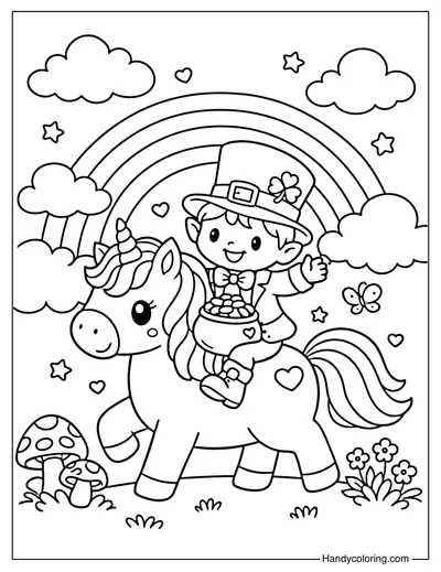 Leprechaun Riding a Unicorn Coloring Page