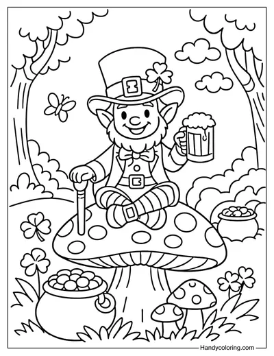 Leprechaun Sitting on Mushroom Coloring Page