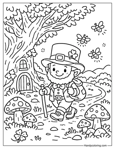 Leprechaun Walking in an Irish Forest Coloring Page