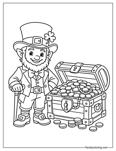 Leprechaun with Treasure Chest Coloring Page