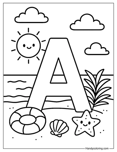 Letter A Summer Beach Coloring Page