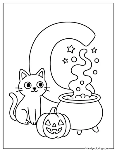 Letter C Cat and Cauldron Coloring Page