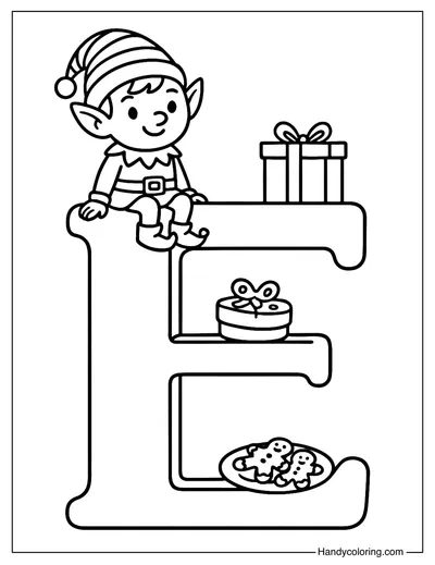 Letter E Christmas Elf Workshop Coloring Page