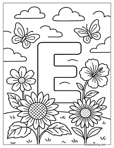 Letter E Summer Bloom Coloring Page